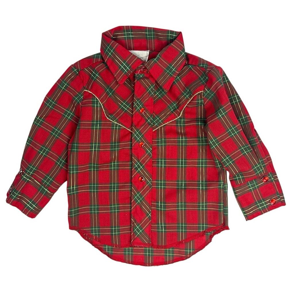 Vintage 1980s Kid Kountry Boys Red Plaid Western Snap Shirt Made USA